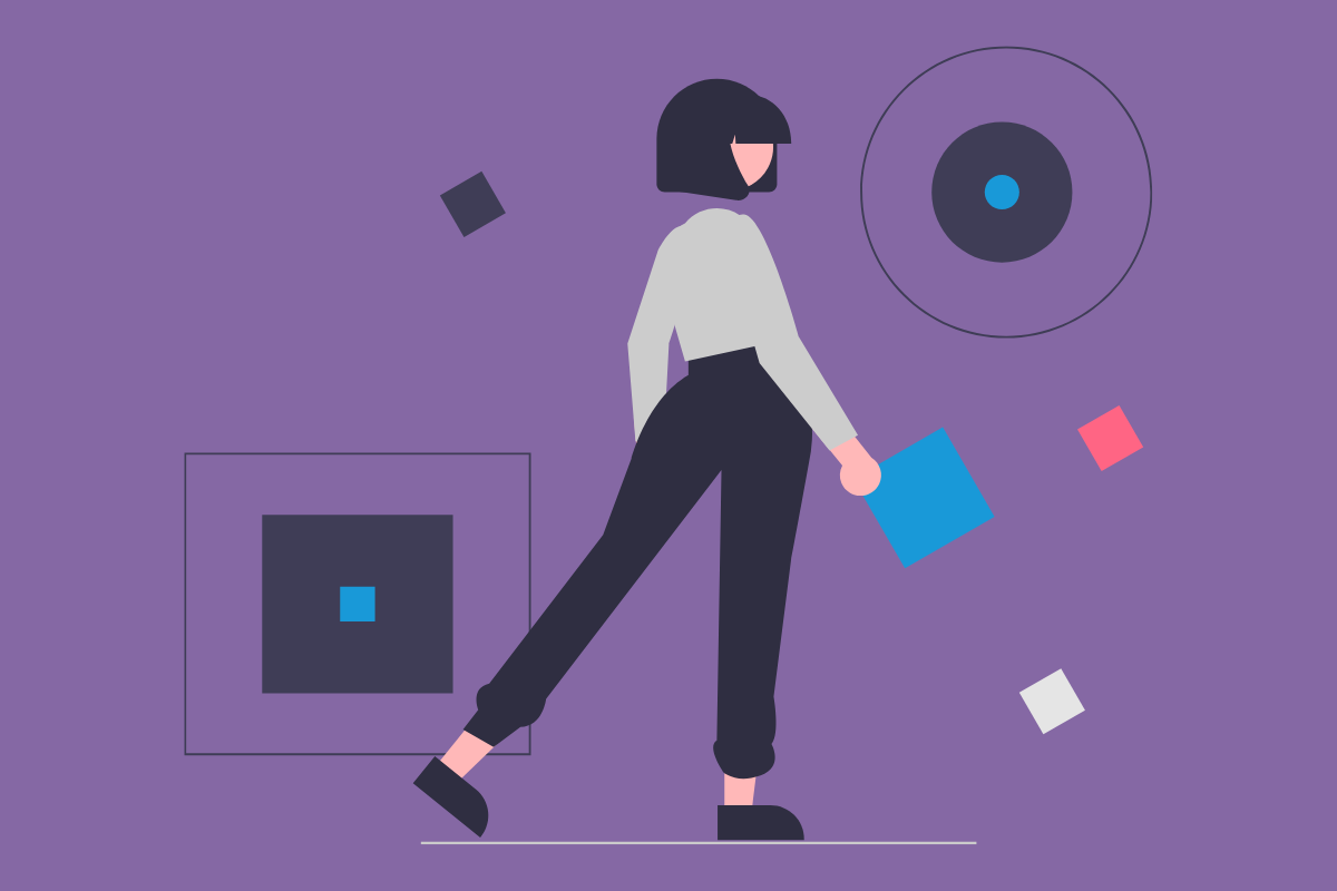 AI in Business: What AI Can Do in 2023: Illustration of a woman standing next to coloured squares and circles.