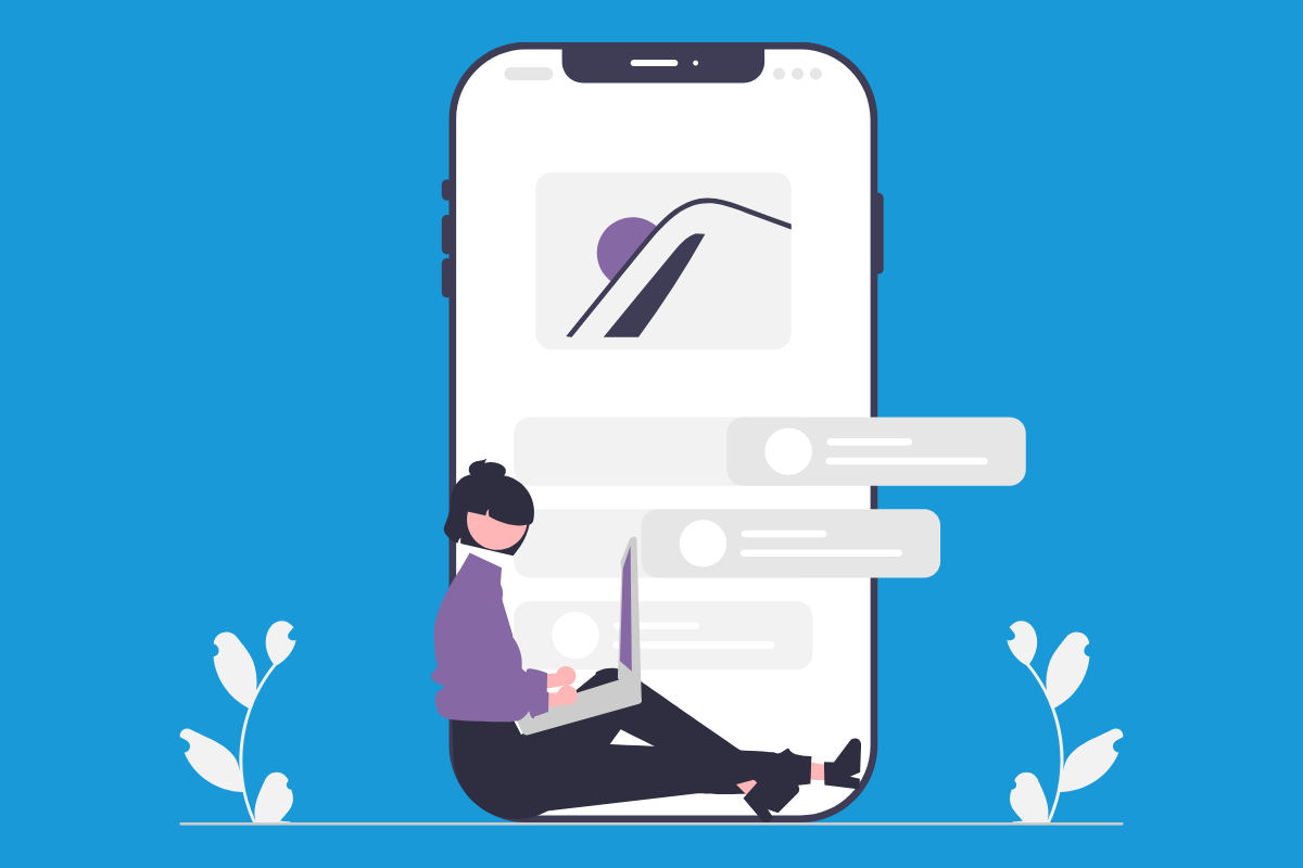 Illustration of a woman sitting with a laptop next to an oversized mobile phone.