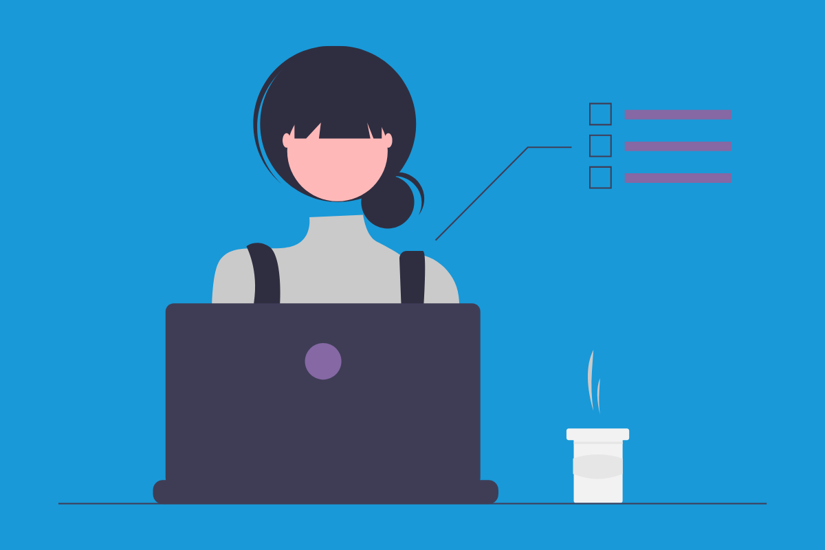 What a Custom Software Development Company Does: Illustration of a woman on a laptop with a coffee next to her.