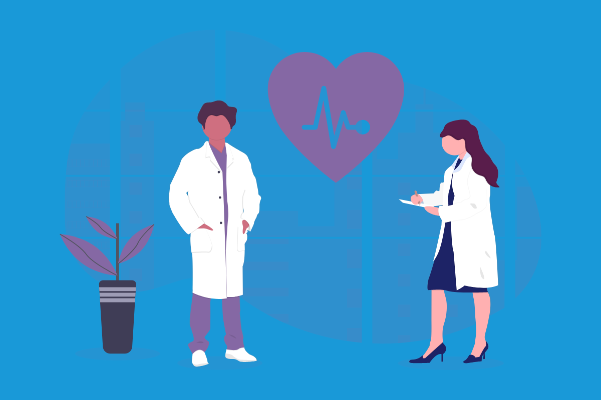 AI in Healthcare: Illustration of a two doctors next to a large love heart with an EKG readout line.