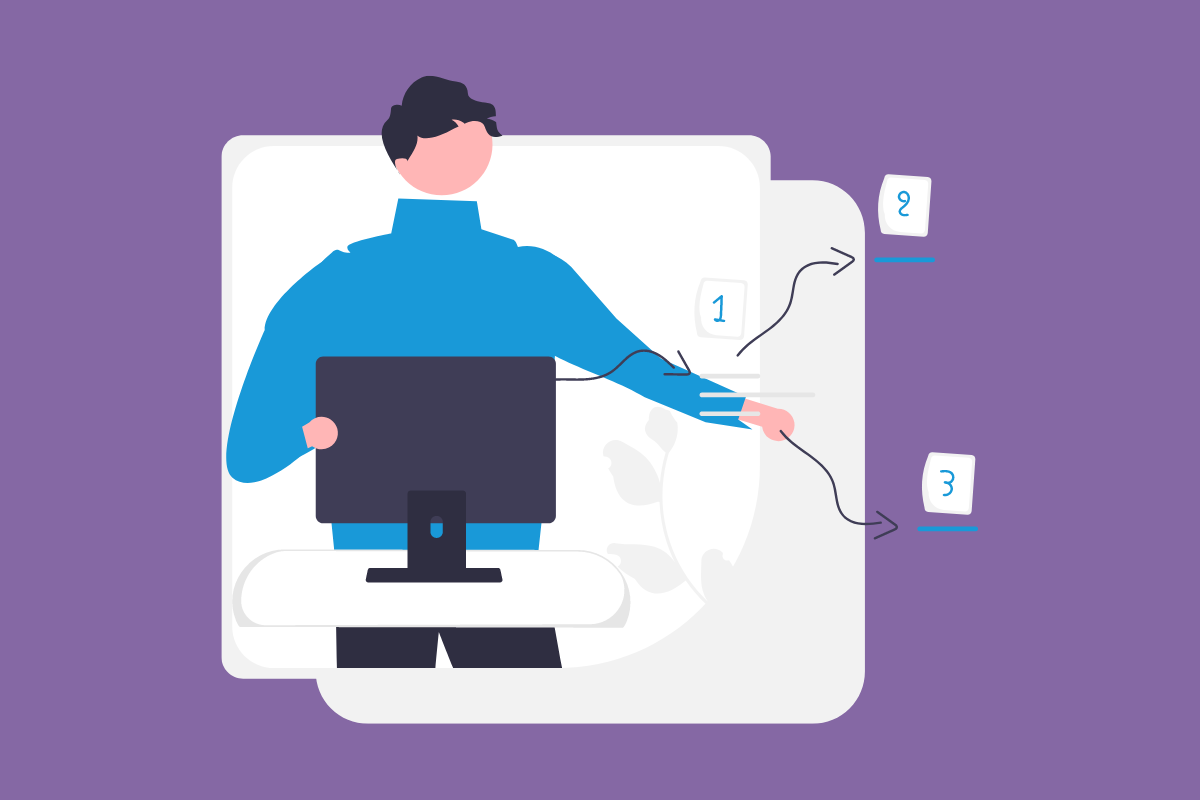 Tips for Start-Ups When Considering Custom Software Development: Illustration of a man with a computer with arrows to numbered cards.