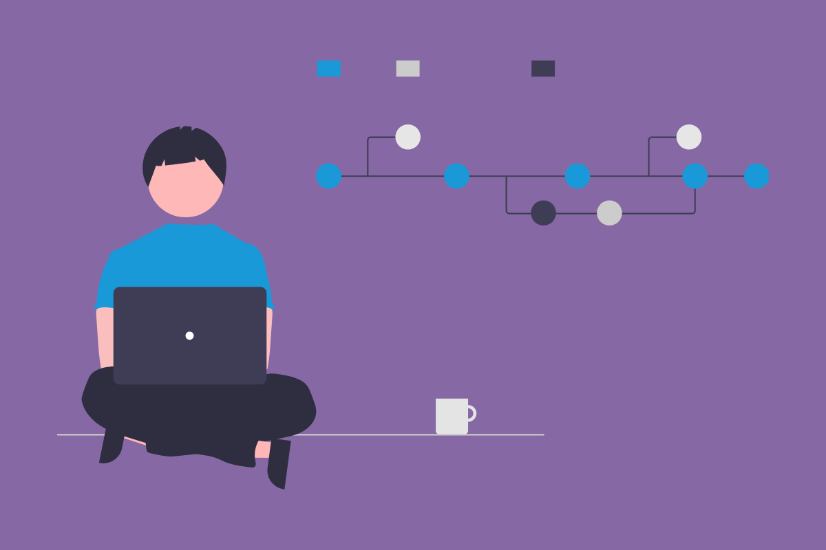 How AI Could Revolutionise Software Development: Illustration of a man sitting with a laptop next to a mug and a flow diagram next to him.