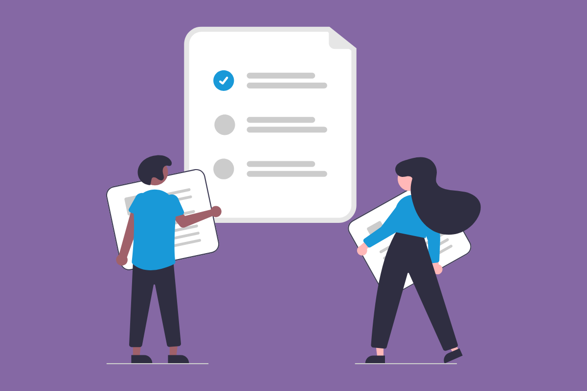 The Benefits of Working with an Azure Partner: Illustration of a man and woman holding oversized documents next to an oversized checklist document.