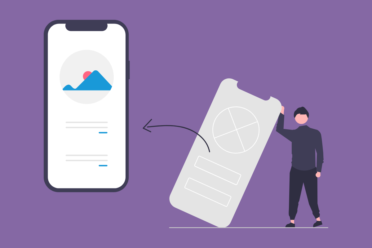 The Mobile App Development Industry: Illustration of a man holding up a an oversized mobile screen to insert into an oversized mobile.