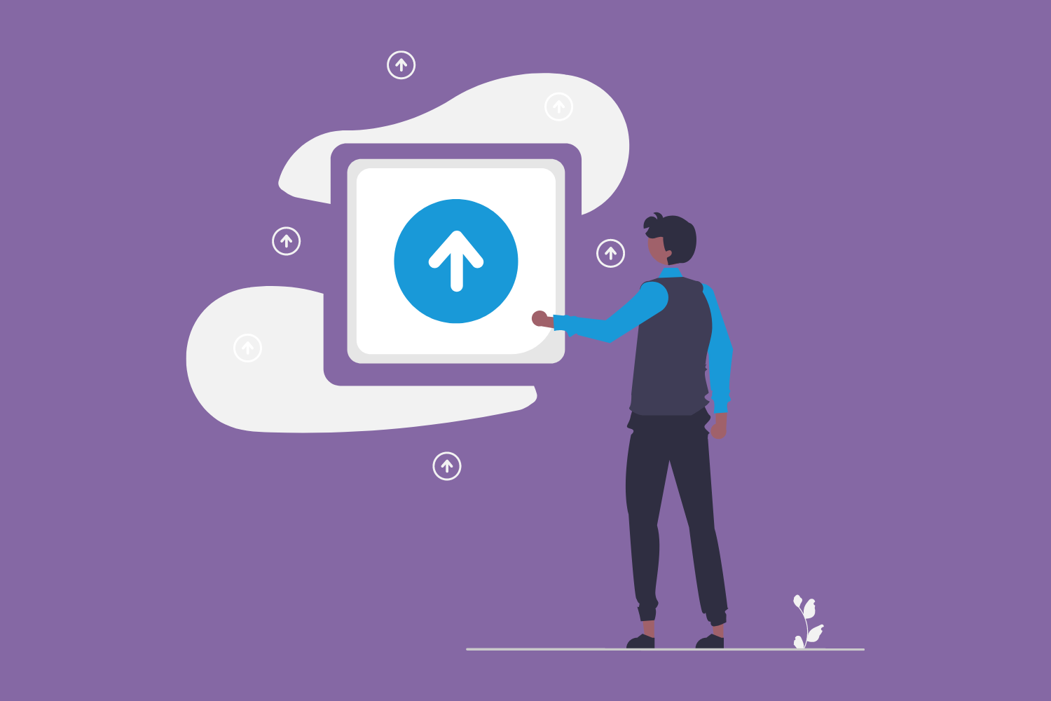 How to Avoid Cloud Migration Failure: Illustration of a man standing next to a screen with an upload symbol and clouds behind.