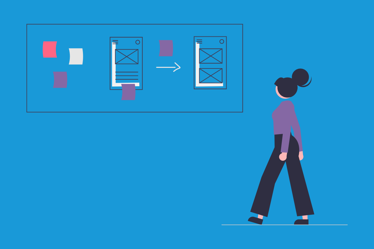 Off-The-Shelf Vs Custom Software Development: Illustration of a woman next to a board with diagrams and sticky notes.