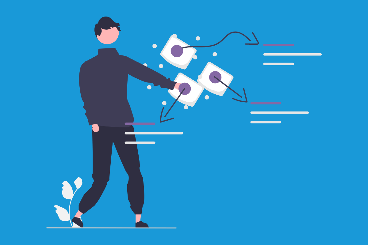 The image depicts a stylized illustration related to the concept of "Requirements Analysis for Software Development". It features a figure who appears to be manipulating or juggling three icons that resemble documents or pages with a purple dot or feature on them. The icons are connected with a line that suggests movement or flow, indicating a dynamic process. The figure is dressed in black, standing against a bright blue background, suggesting a professional or corporate setting. The documents with the purple dot could represent different requirements or components of a project that are being analyzed or organized. The motion lines and the arrangement suggest that the figure is in control of the process, possibly representing the role of a project manager or analyst who is actively engaged in organizing and prioritizing software requirements. This illustration might be used in educational materials or presentations to visually represent the process of requirements analysis within the Software Development Life Cycle (SDLC), where identifying, organizing, and prioritizing requirements is a critical step.