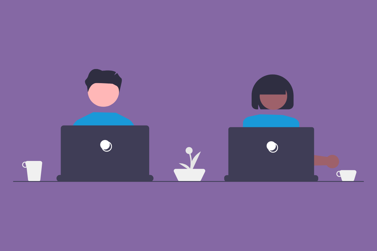 This image features a minimalistic and stylized illustration of two people working on laptops opposite each other. The background is a solid purple color. On the left, there is a figure with a black hairstyle and a blue top, partially obscured behind a black laptop with a white circular logo. In front of this figure is a white coffee mug. In the center of the image, a small white potted plant with two leaves adds a touch of decor to the space. On the right, another figure with shoulder-length black hair and a blue top is visible behind a similar laptop, with a small white cup, possibly of coffee or tea, placed near the right edge of the desk. The overall mood is calm and professional, suggesting a focused work environment.