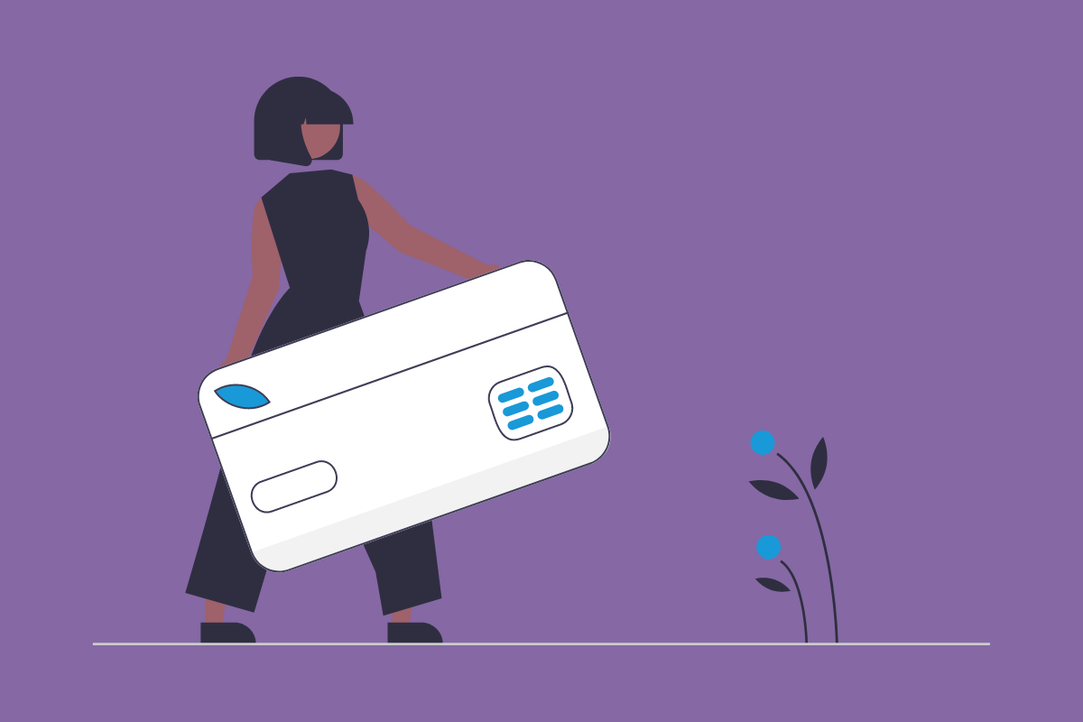 The image depicts a stylized illustration of a person carrying an oversized credit card, suggesting the concept of the financial aspect of software development. The background is purple, and the person is wearing a black outfit, which contrasts with the white and blue credit card. The simplicity of the design, with minimal elements like a small plant with blue dots to the right, focuses attention on the cost theme associated with software development.