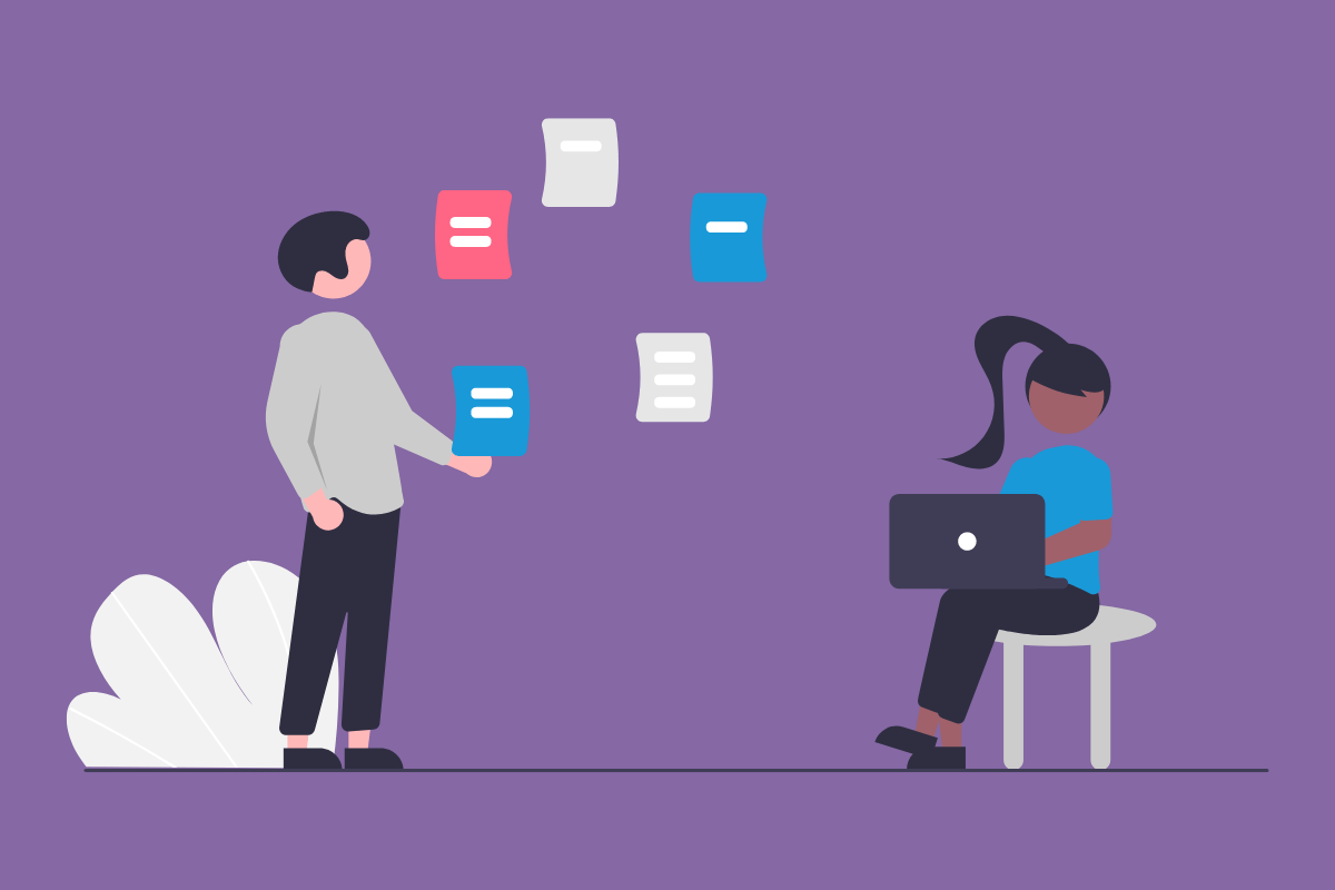The image depicts a stylized illustration of one person sitting on a stool holding a laptop and next to them is a person with 5 floating documents in front of them in a circle suggesting the concept of the software development life cycle. The background is purple, the sitting person wearing blue and the standing grey. The simplicity of the design, with minimal elements like a small grey plant to the left, focuses attention on the phases of the software development lifecycle.